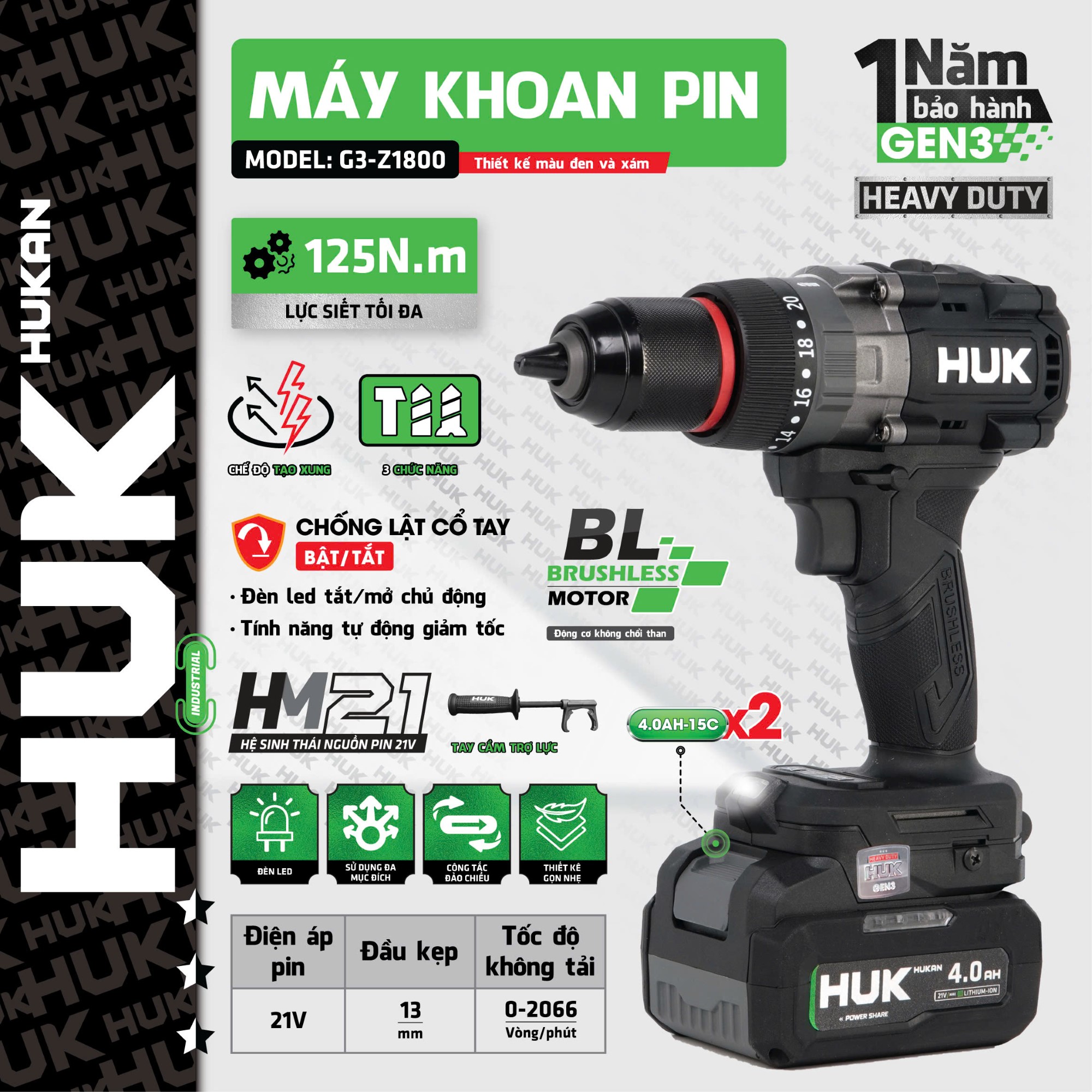 Máy Khoan Pin 13Mm HUKAN - G3 - Z1800