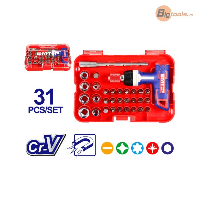 Bộ tua vít cờ lê tay cầm chữ T 31 chiếc EMTOP - EBST03102