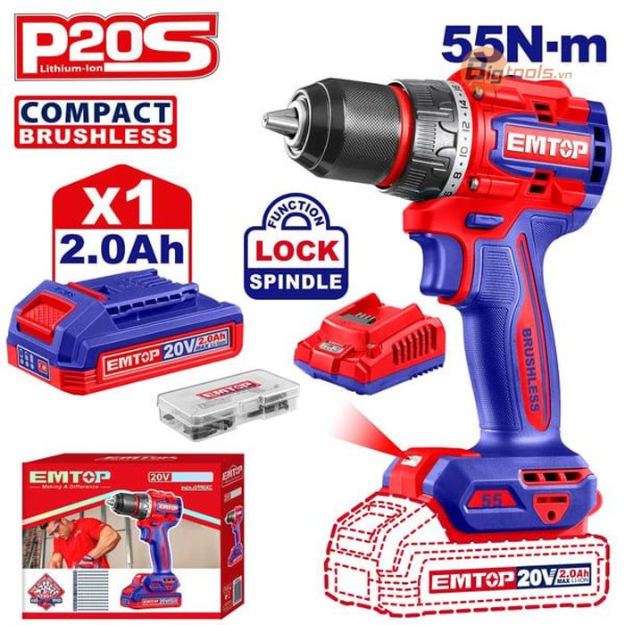 Bộ máy khoan pin 13mm  EMTOP - ECDL205582