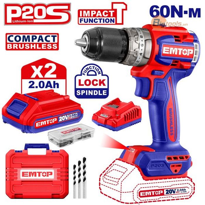 Bộ máy khoan pin động lực (có búa) 13mm EMTOP - ECIDL20602