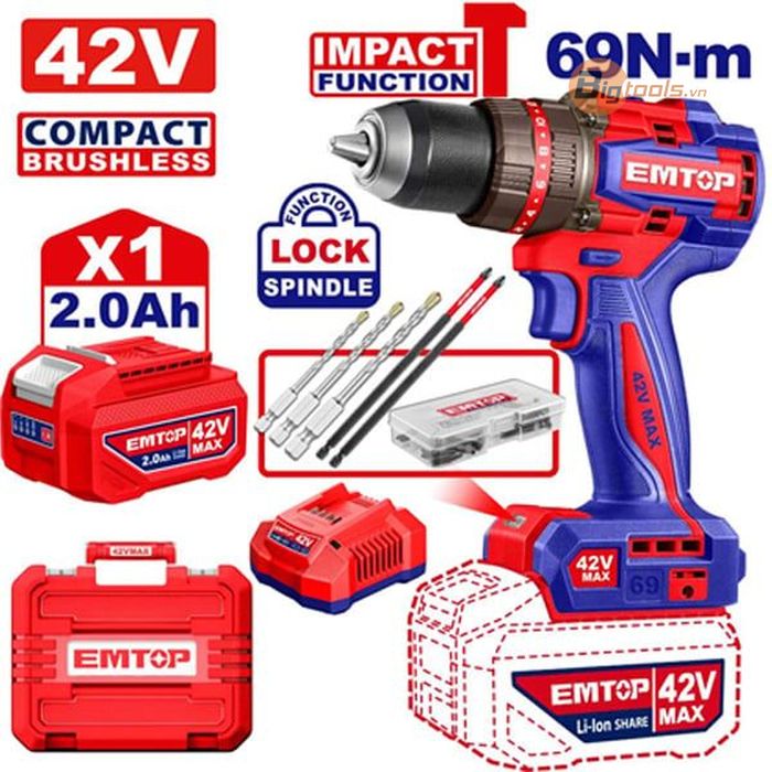 Bộ máy khoan pin 13mm hiệu suất cao  EMTOP - ECIDL426981