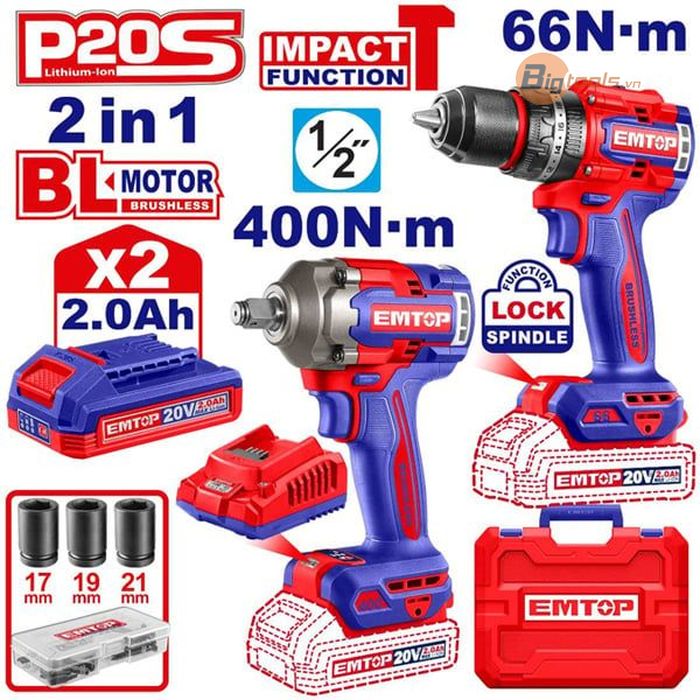 Bộ combo 2 món Bulong và khoan pin động lực  EMTOP - ECKL20275