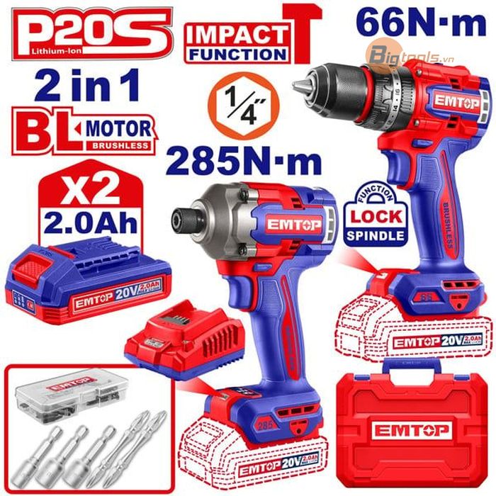 Bộ combo 2 món siết vít và khoan pin động lực  EMTOP - ECKL20277
