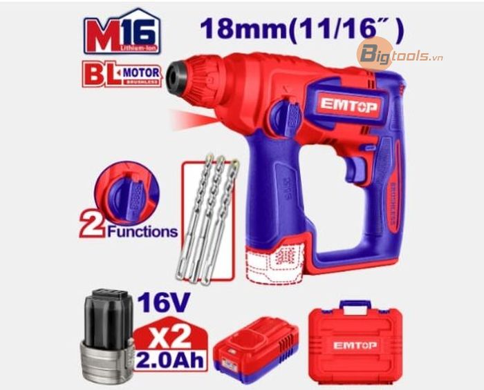 Bộ máy khoan pin 2 chức năng 16.8V  EMTOP - ELRH16168