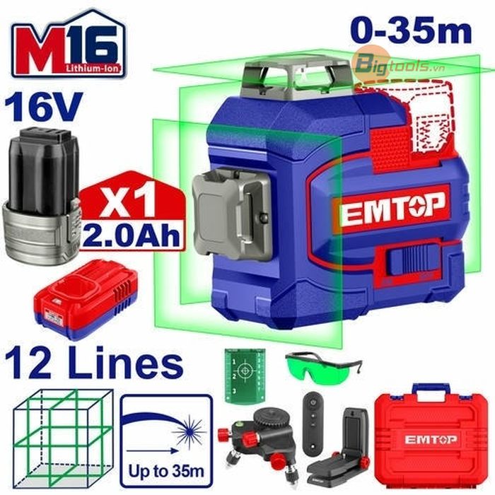 Bộ máy laser 12 tia pin 16.8V  EMTOP - ESLE12301