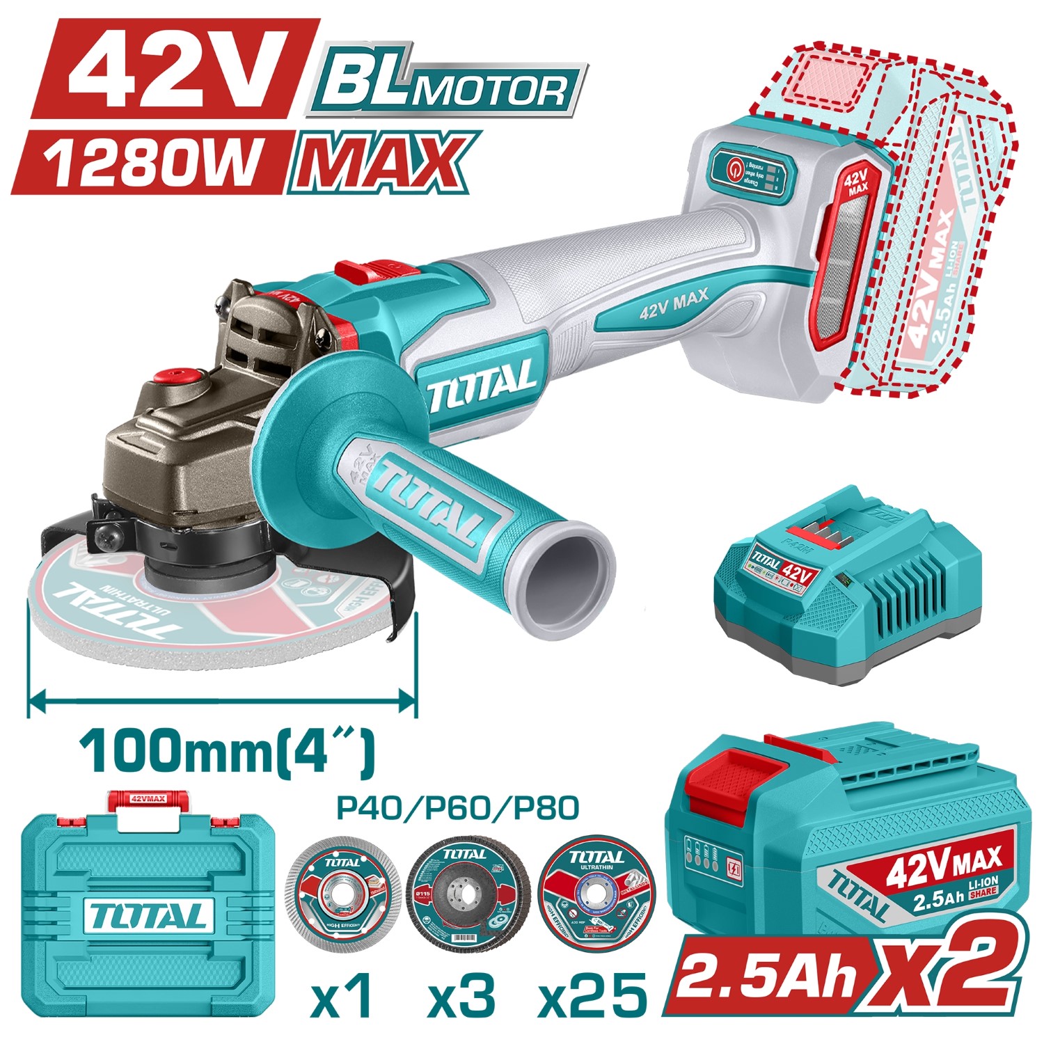 Máy mài góc không chổi than dùng pin 42V - TOTAL - TAGLI4128102