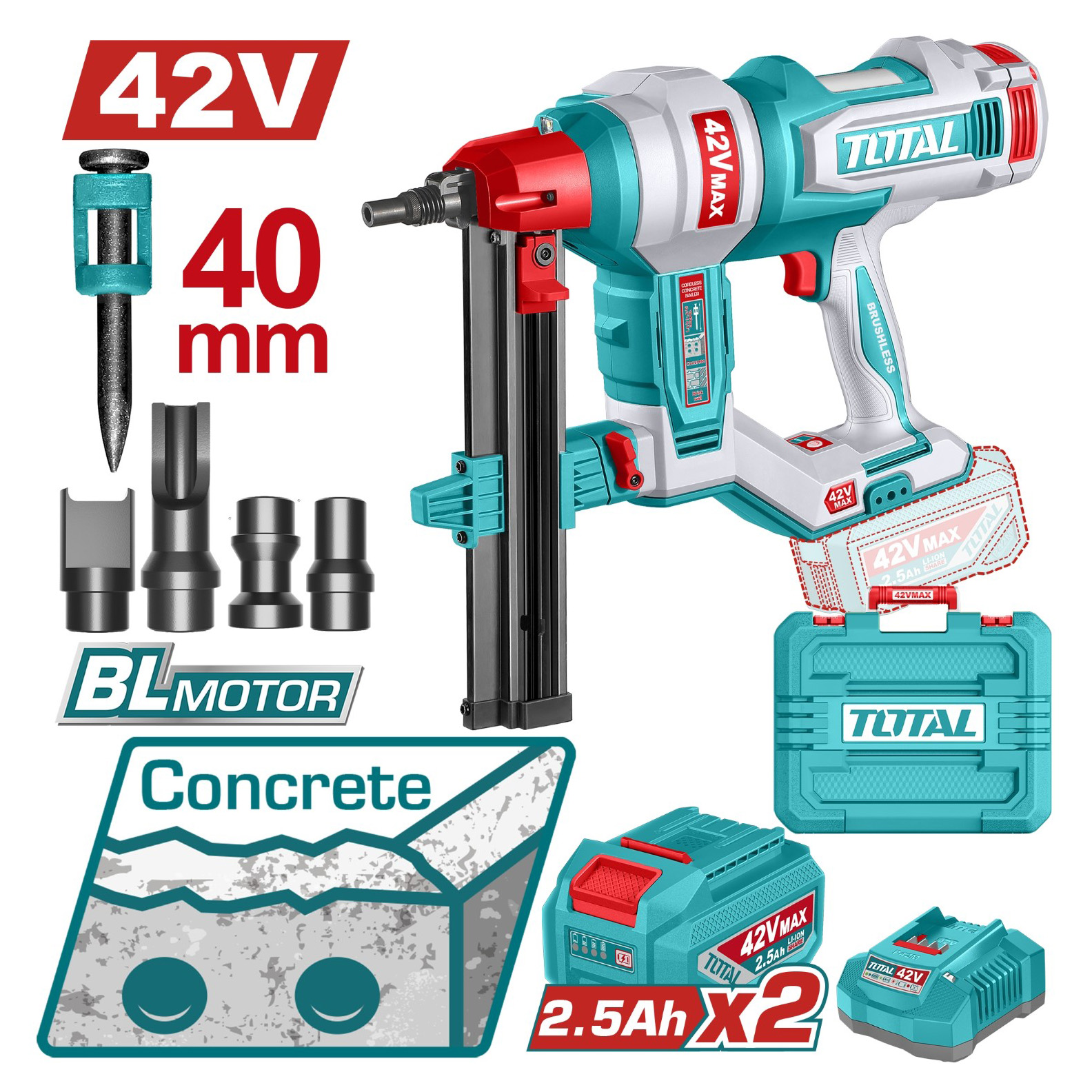 Máy bắn đinh bê tông không chổi than dùng pin 42V - TOTAL - TCNLI420602