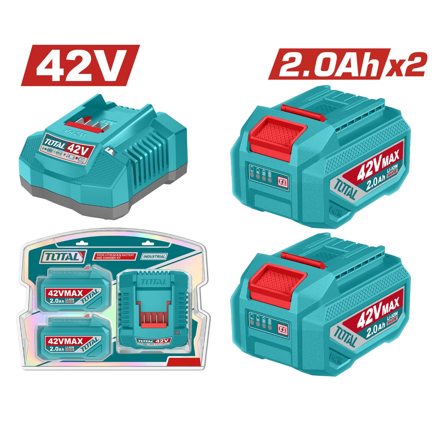 Bộ 2 pin Lithium 42V/ 2.0Ah và 1 sạc 42V - TOTAL - TFBCPM20221