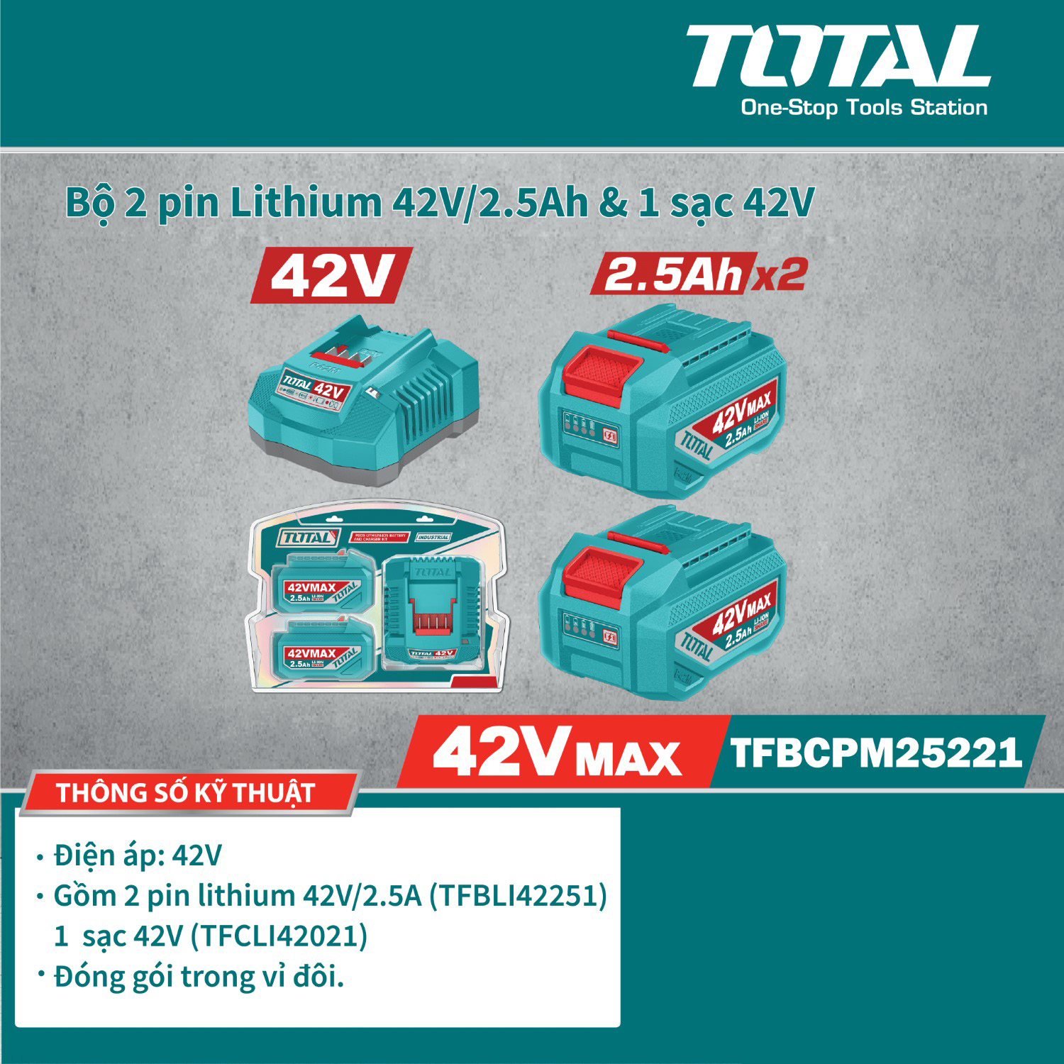 Bộ 2 pin Lithium 42V 2.5Ah và 1 sạc 42V - TOTAL - TFBCPM25221