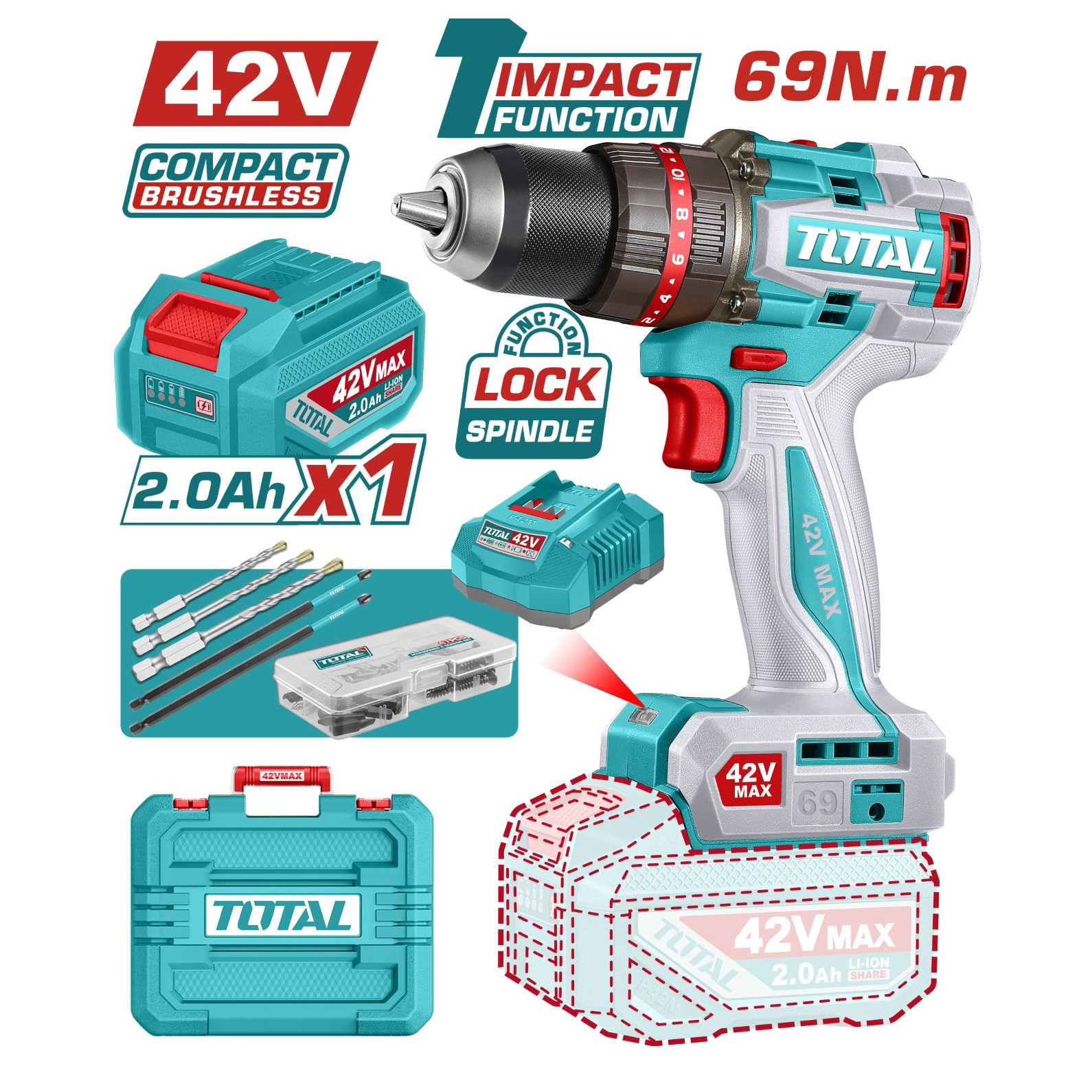 Máy khoan búa không chổi than dùng pin 42V - TOTAL - TIDLI426981