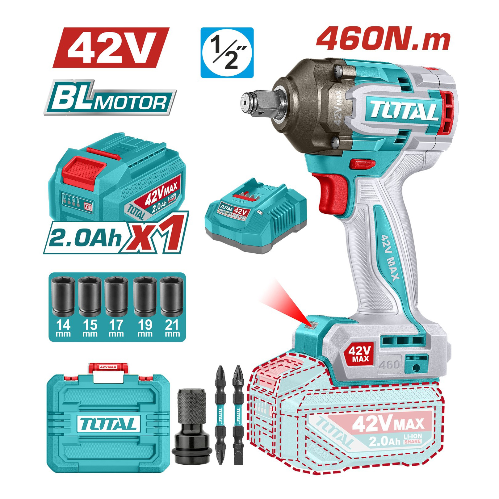Máy siết bu lông không chổi than dùng pin 42V - TOTAL - TIWLI42461