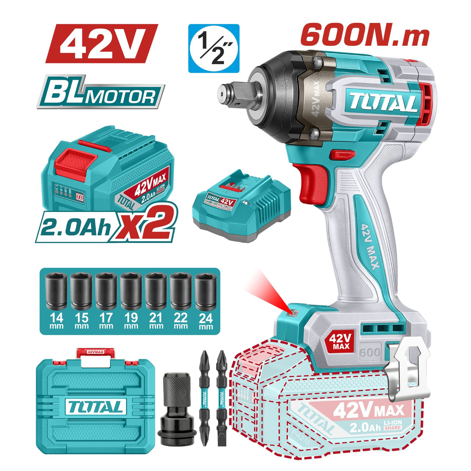 Máy siết bu lông không chổi than dùng pin 42V - TOTAL - TIWLI42602