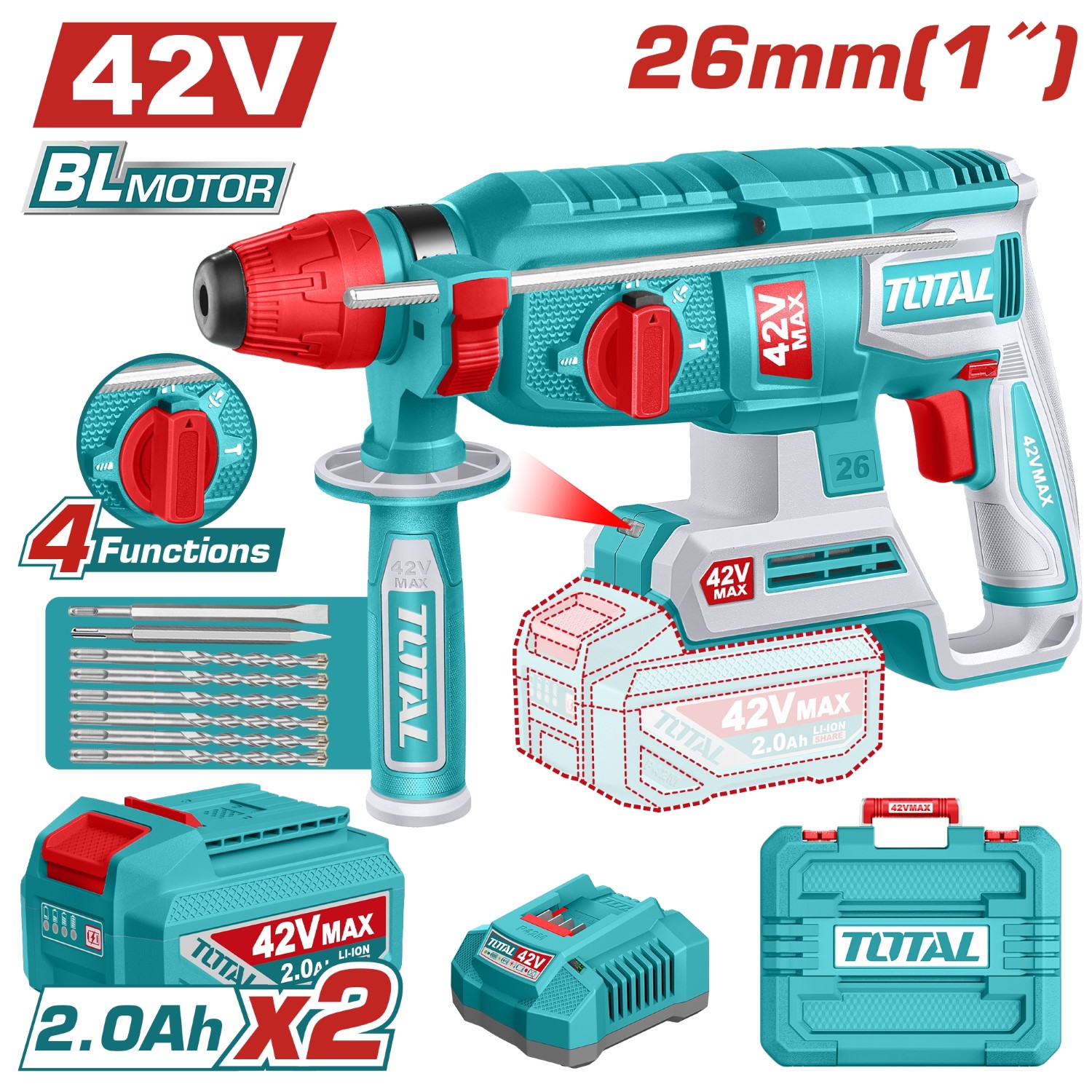 Máy khoan bê tông không chổi than dùng pin 42V - TOTAL - TRHLI422682