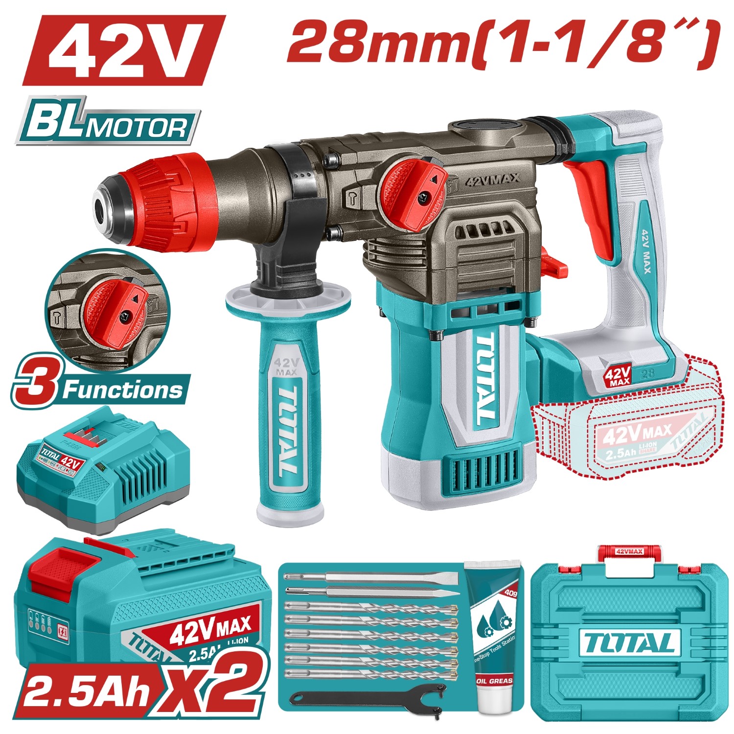 Máy khoan bê tông không chổi than dùng pin 42V - TOTAL - TRHLI422882