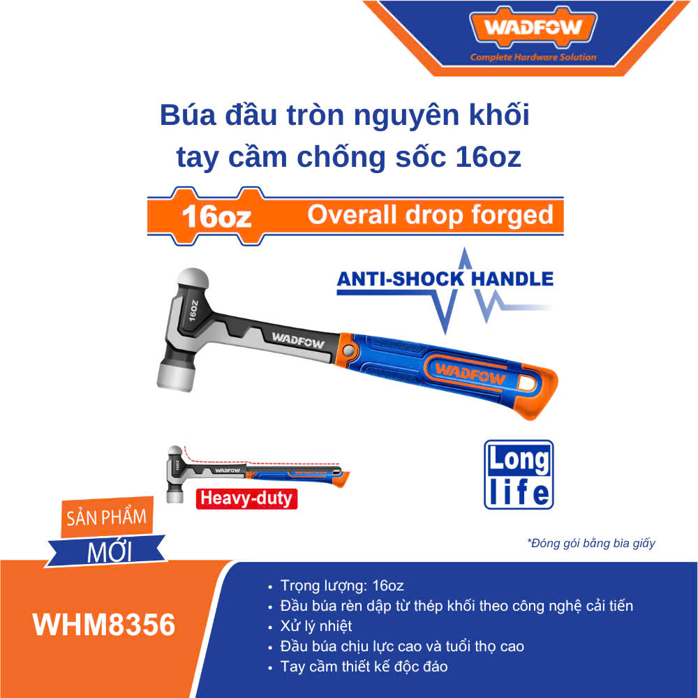 Búa đầu tròn nguyên khối tay cầm chống sốc 16oz WADFOW - WHM8356
