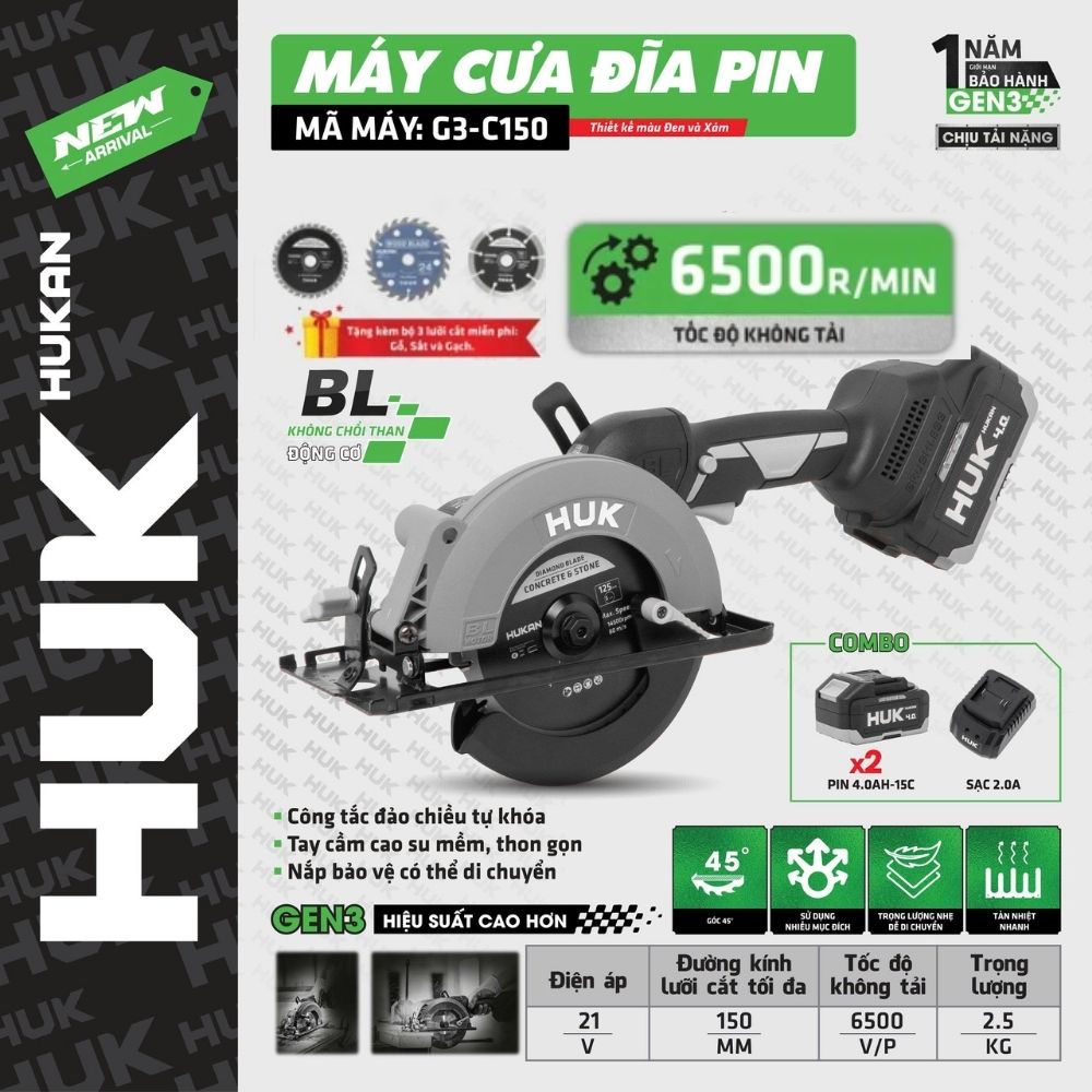 Máy Cưa Đĩa Pin G3-C150 GEN 3-Bộ 2 Pin 4.0Ah
