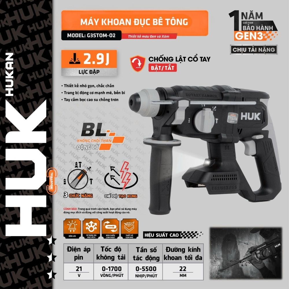 Máy Khoan Bê Tông Pin G3STOM-O2 GEN 3 2.9J