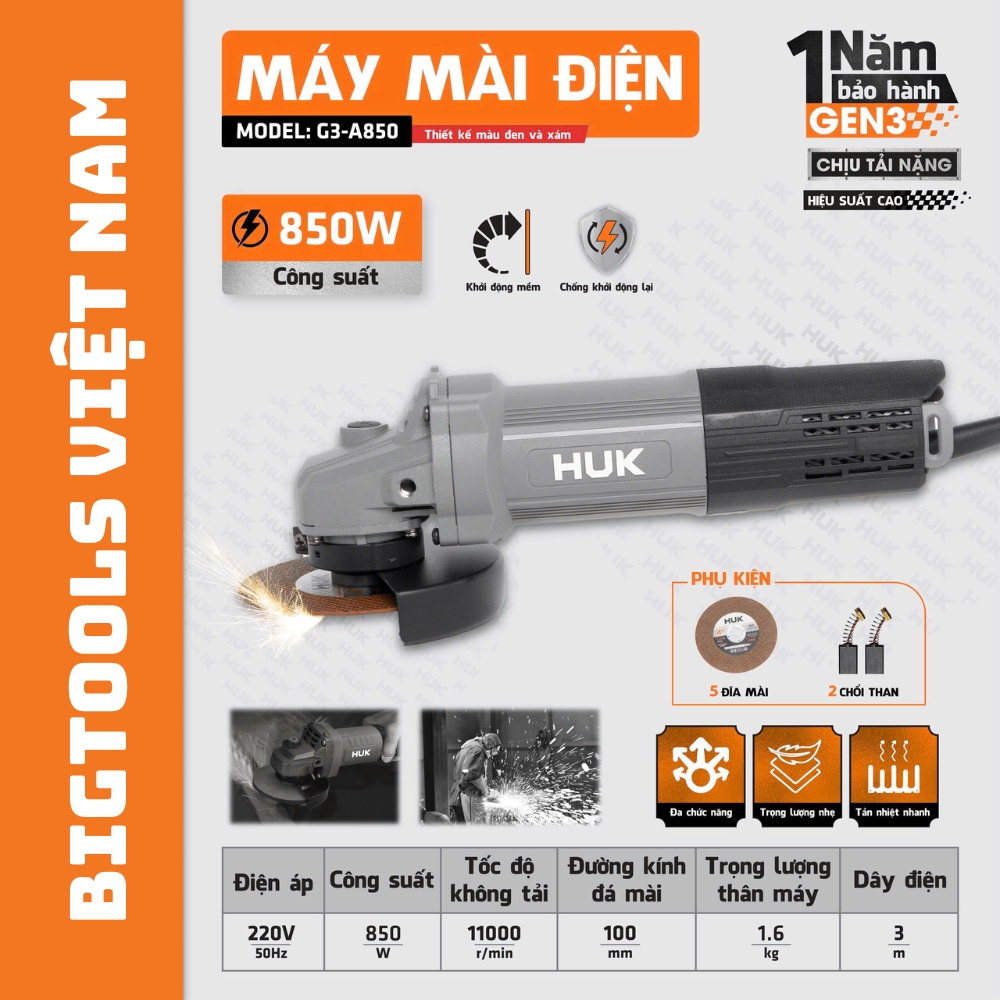 Máy Mài Điện Hukan G3-A850 GEN 3, 850W Chính Hãng, Giá Tốt