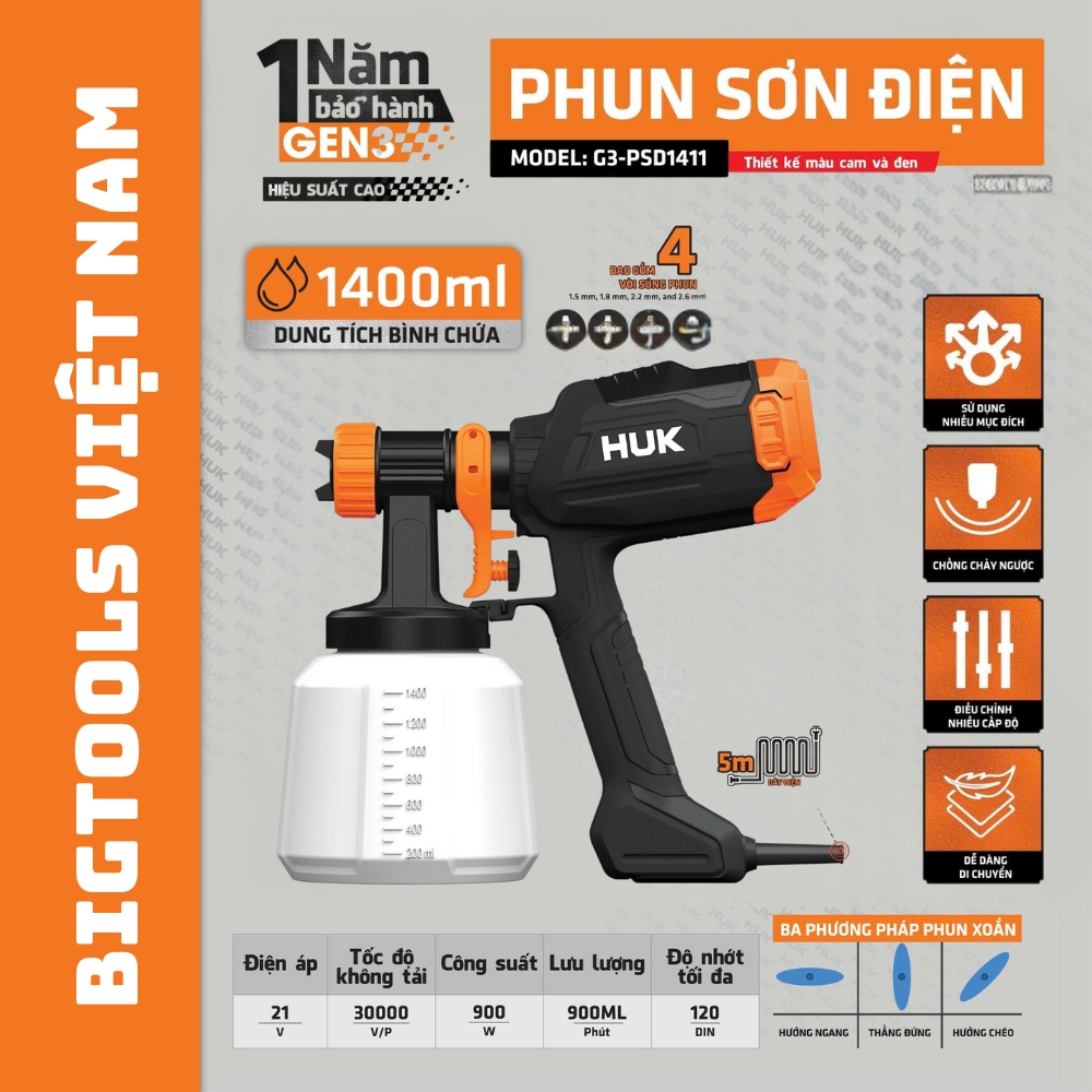 Máy Phun Sơn Điện Hukan G3-PSD1411 GEN 3, 900W Chính Hãng, Giá Tốt