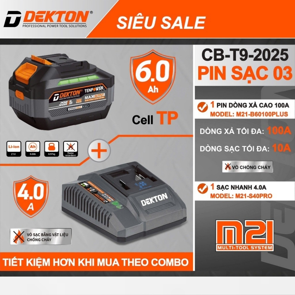 Combo Pin Sạc Dekton M21 Pin 6.0Ah Plus (B60100PLUS) & Sạc Nhanh 4.0A (S40PRO)