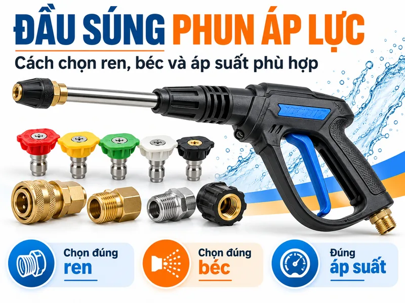 Đầu súng phun áp lực: Cách chọn ren, béc và áp suất phù hợp