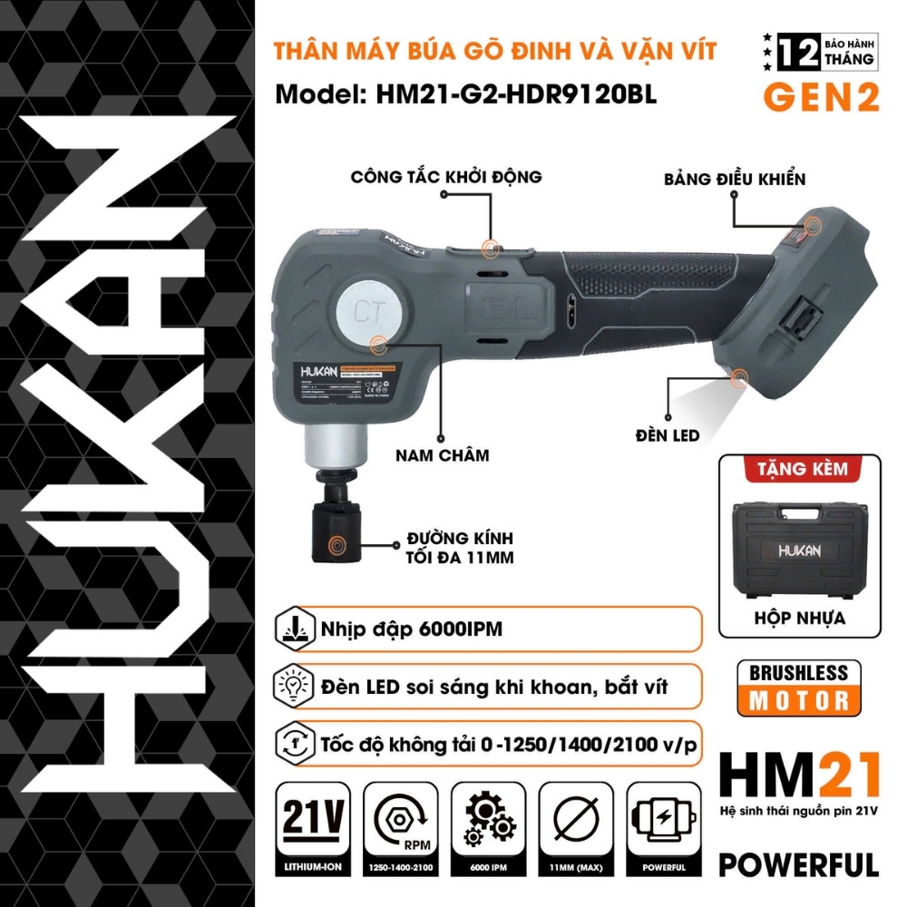 THÂN MÁY CHUYÊN VÍT BÚA GÓC (GEN2) - BODY HM21-G2- HDR9120BL