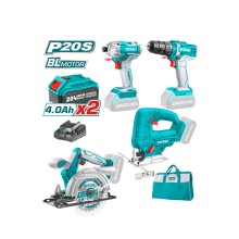 Bộ combo 4 máy gồm cưa đĩa tròn TSLI1401, cưa lọng TJSLI6508, siết vít TIRLI2017 và khoan TDLI20051 dùng Pin Lithium 20V TOTAL - TCKLI20104