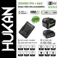 Combo Pin 10Cells 4.0 + Pin 15Cells 6.0 Kèm Sạc 2Ah HUKAN - HM21-g2- Combo6040CL